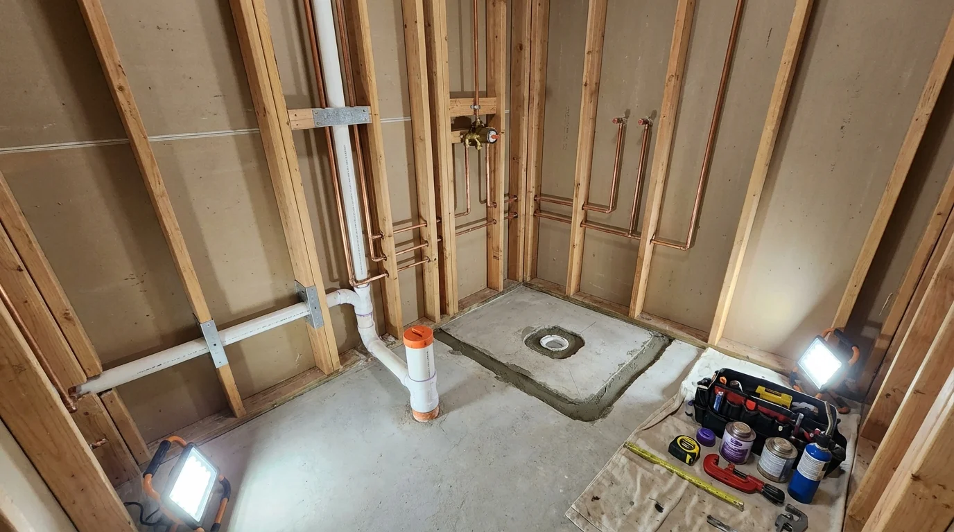 Bathroom rough-in plumbing during remodel by Johns Plumbing LLC in Wendell