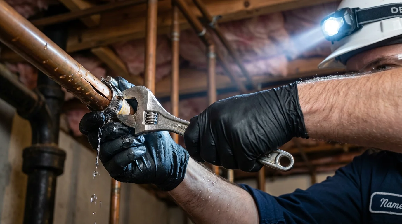 Emergency pipe clamp repair being performed by a Johns Plumbing LLC plumber in Wendell