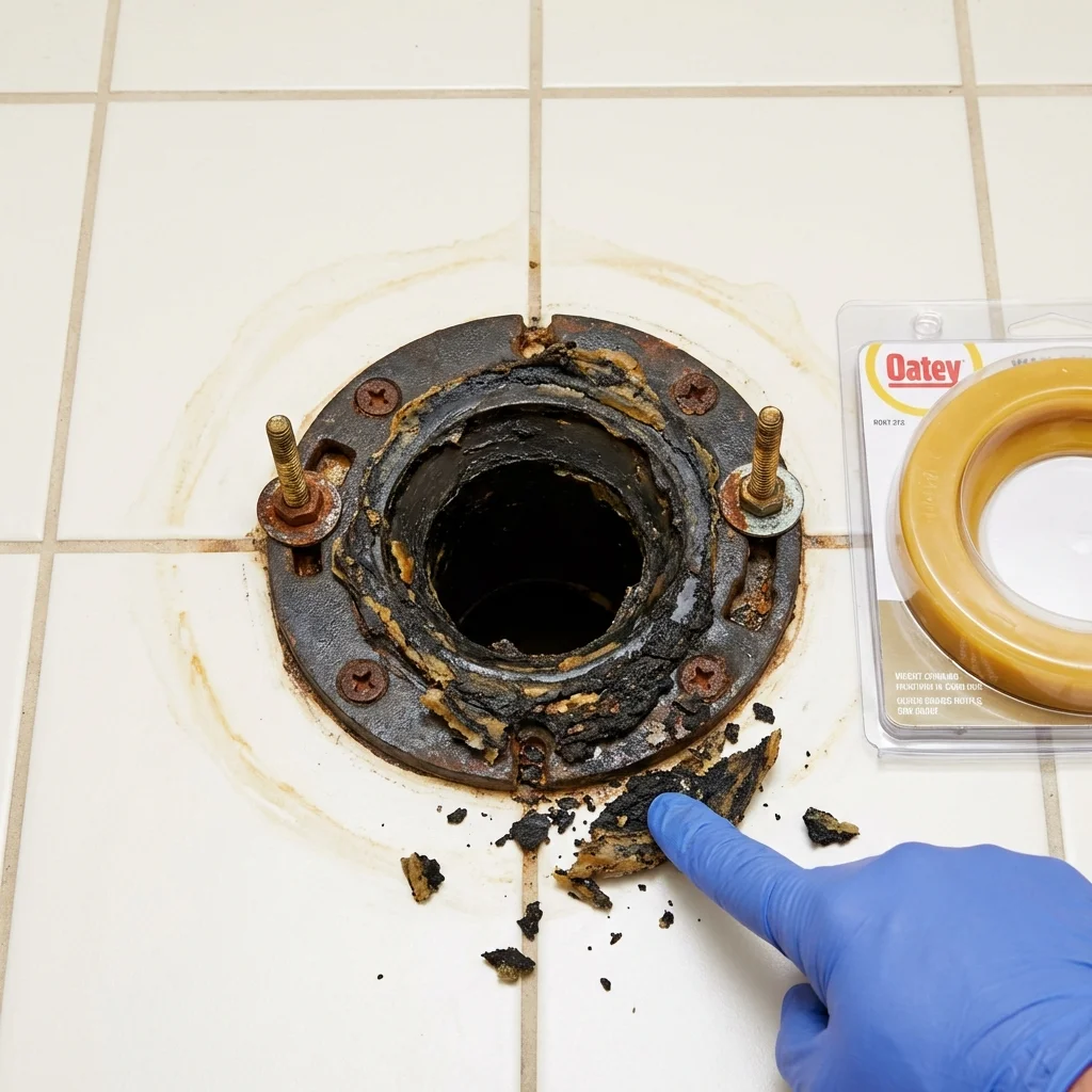 Failed wax ring showing water seepage at the base of a toilet in a Wendell, MA home