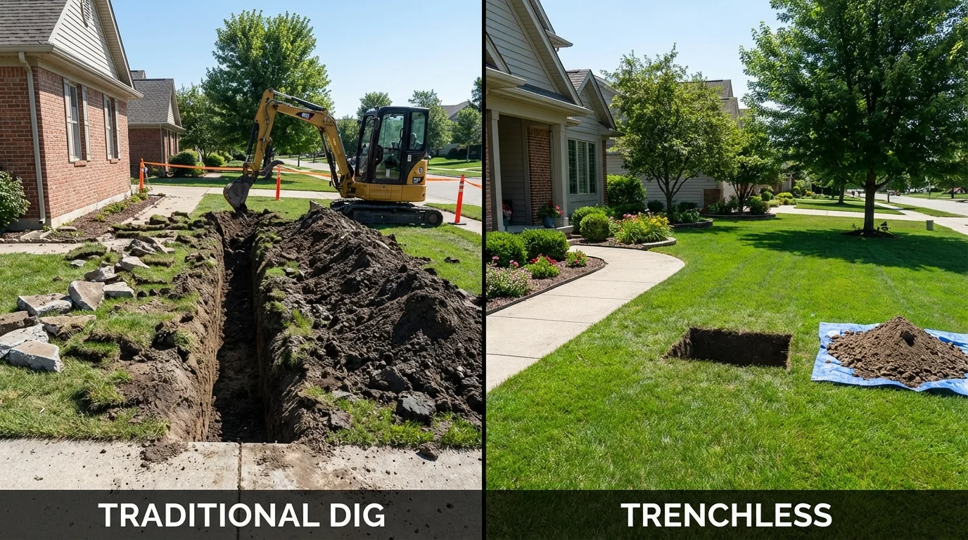 Trenchless sewer repair with minimal yard damage versus traditional excavation in Wendell, MA